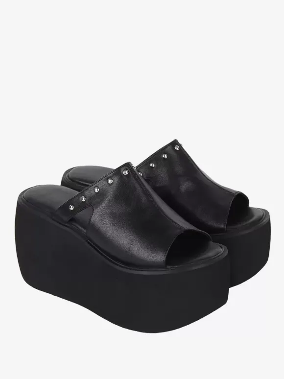 Gothic Lolita Sandals Rivets Open Toe Floral Print PU Leather Black Lolita Summer Shoes