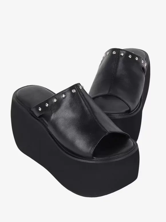 Gothic Lolita Sandals Rivets Open Toe Floral Print PU Leather Black Lolita Summer Shoes
