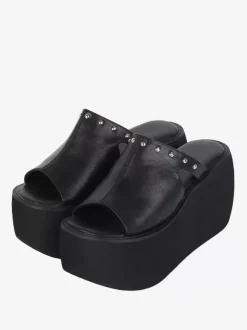 Gothic Lolita Sandals Rivets Open Toe Floral Print PU Leather Black Lolita Summer Shoes