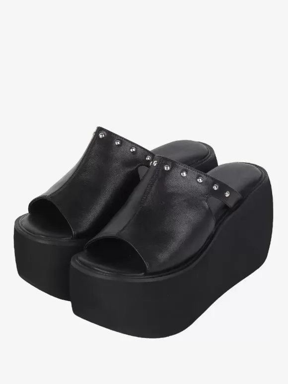 Gothic Lolita Sandals Rivets Open Toe Floral Print PU Leather Black Lolita Summer Shoes