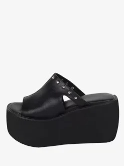 Gothic Lolita Sandals Rivets Open Toe Floral Print PU Leather Black Lolita Summer Shoes