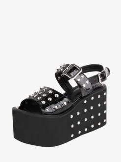 Gothic Lolita Sandals Rivets Round Toe Patent PU Upper Black Lolita Summer Shoes