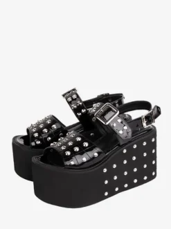 Gothic Lolita Sandals Rivets Round Toe Patent PU Upper Black Lolita Summer Shoes