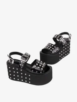 Gothic Lolita Sandals Rivets Round Toe Patent PU Upper Black Lolita Summer Shoes