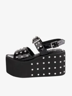 Gothic Lolita Sandals Rivets Round Toe Patent PU Upper Black Lolita Summer Shoes