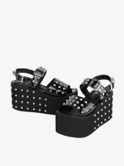 Gothic Lolita Sandals Rivets Round Toe Patent PU Upper Black Lolita Summer Shoes