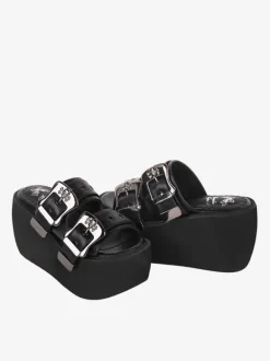 Gothic Lolita Sandals Round Toe PU Leather Black Lolita Summer Shoes