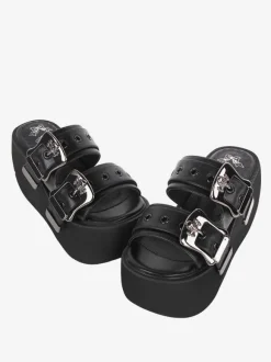 Gothic Lolita Sandals Round Toe PU Leather Black Lolita Summer Shoes