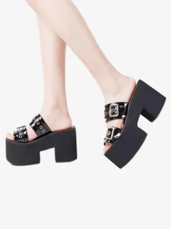 Gothic Lolita Sandals Round Toe Patent PU Upper Black Lolita Summer Shoes