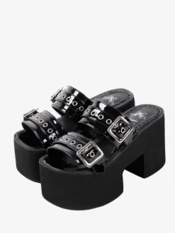 Gothic Lolita Sandals Round Toe Patent PU Upper Black Lolita Summer Shoes