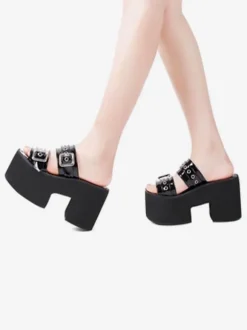 Gothic Lolita Sandals Round Toe Patent PU Upper Black Lolita Summer Shoes
