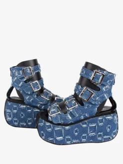 Gothic Lolita Sandals Round Toe Textile Deep Blue Lolita Summer Shoes