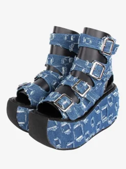 Gothic Lolita Sandals Round Toe Textile Deep Blue Lolita Summer Shoes
