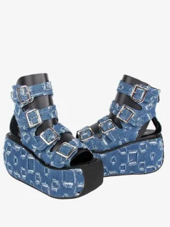 Gothic Lolita Sandals Round Toe Textile Deep Blue Lolita Summer Shoes
