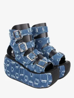 Gothic Lolita Sandals Round Toe Textile Deep Blue Lolita Summer Shoes