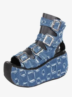 Gothic Lolita Sandals Round Toe Textile Deep Blue Lolita Summer Shoes