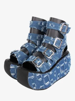 Gothic Lolita Sandals Round Toe Textile Deep Blue Lolita Summer Shoes
