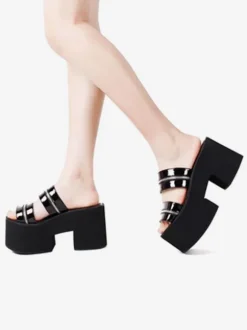Gothic Lolita Sandals Round Toe Patent PU Upper Black Lolita Summer Shoes