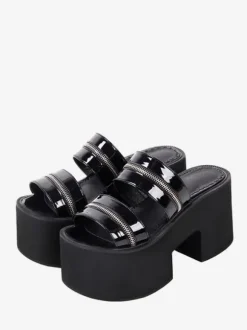 Gothic Lolita Sandals Round Toe Patent PU Upper Black Lolita Summer Shoes