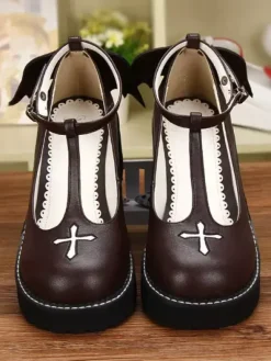 Gothic Lolita Shoes Cross Platform Wedge T-strap Lolita Shoes With Evil Wing