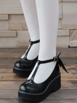 Gothic Lolita Shoes Cross Platform Wedge T-strap Lolita Shoes With Evil Wing