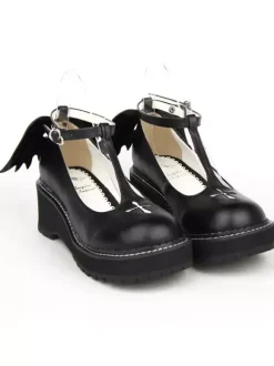 Gothic Lolita Shoes Cross Platform Wedge T-strap Lolita Shoes With Evil Wing