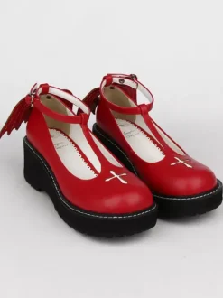 Gothic Lolita Shoes Cross Platform Wedge T-strap Lolita Shoes With Evil Wing