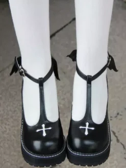 Gothic Lolita Shoes Cross Platform Wedge T-strap Lolita Shoes With Evil Wing