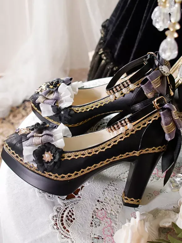 Gothic Lolita Shoes Deep Blue Bows Pointed Toe PU Leather Lolita Pumps