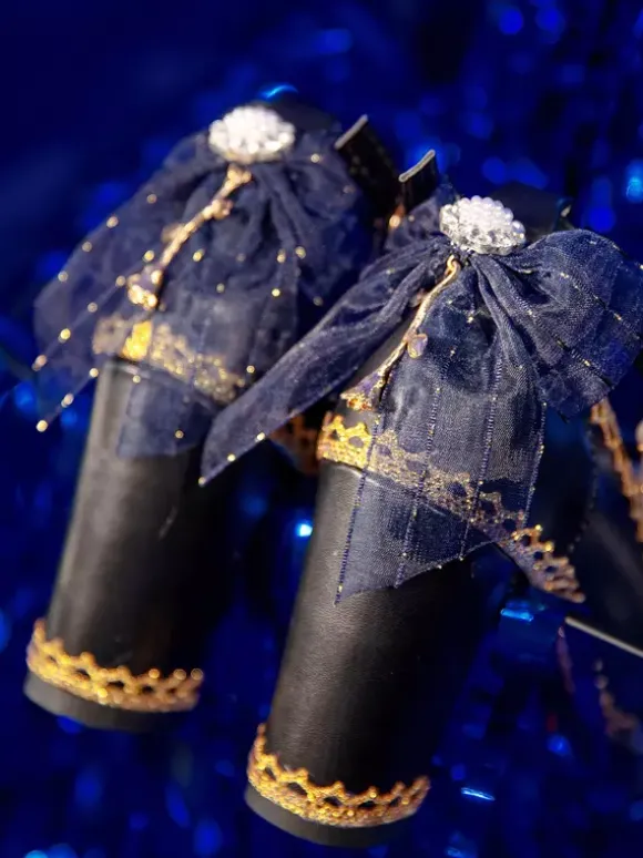 Gothic Lolita Shoes Deep Blue Bows Pointed Toe PU Leather Lolita Pumps