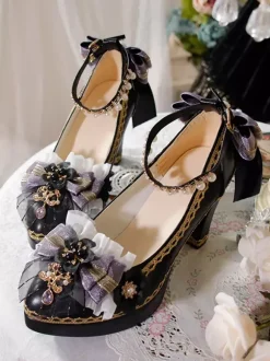 Gothic Lolita Shoes Deep Blue Bows Pointed Toe PU Leather Lolita Pumps