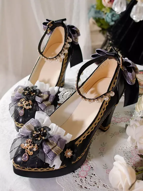 Gothic Lolita Shoes Deep Blue Bows Pointed Toe PU Leather Lolita Pumps