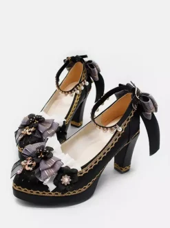 Gothic Lolita Shoes Deep Blue Bows Pointed Toe PU Leather Lolita Pumps