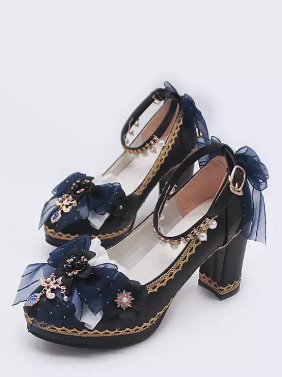 Gothic Lolita Shoes Deep Blue Bows Pointed Toe PU Leather Lolita Pumps