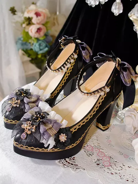 Gothic Lolita Shoes Deep Blue Bows Pointed Toe PU Leather Lolita Pumps