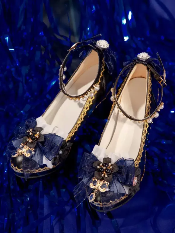Gothic Lolita Shoes Deep Blue Bows Pointed Toe PU Leather Lolita Pumps