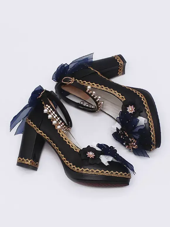 Gothic Lolita Shoes Deep Blue Bows Pointed Toe PU Leather Lolita Pumps