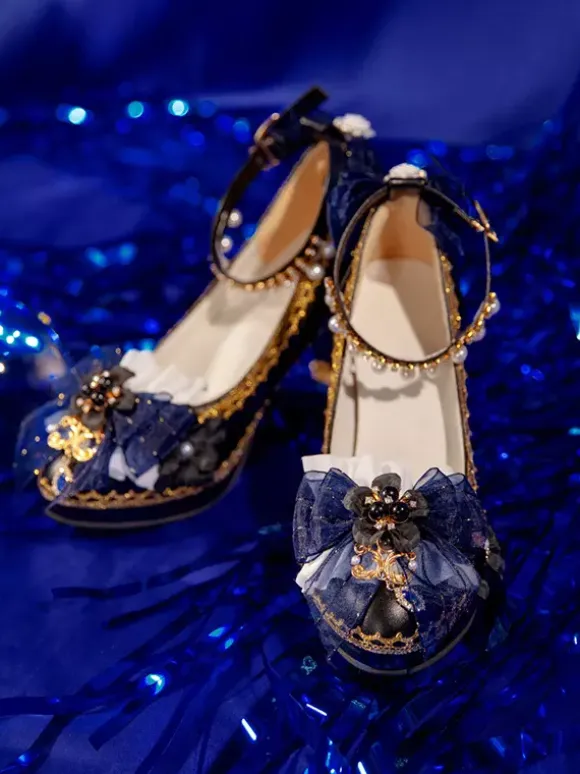 Gothic Lolita Shoes Deep Blue Bows Pointed Toe PU Leather Lolita Pumps