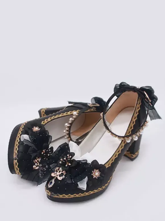 Gothic Lolita Shoes Deep Blue Bows Pointed Toe PU Leather Lolita Pumps