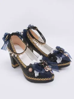 Gothic Lolita Shoes Deep Blue Bows Pointed Toe PU Leather Lolita Pumps