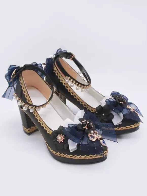 Gothic Lolita Shoes Deep Blue Bows Pointed Toe PU Leather Lolita Pumps
