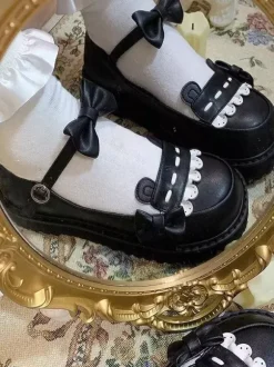Gothic Lolita Shoes Platform Black Bows PU Leather Flat Lolita Pumps