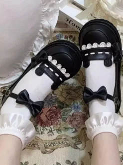 Gothic Lolita Shoes Platform Black Bows PU Leather Flat Lolita Pumps