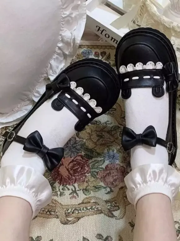 Gothic Lolita Shoes Platform Black Bows PU Leather Flat Lolita Pumps
