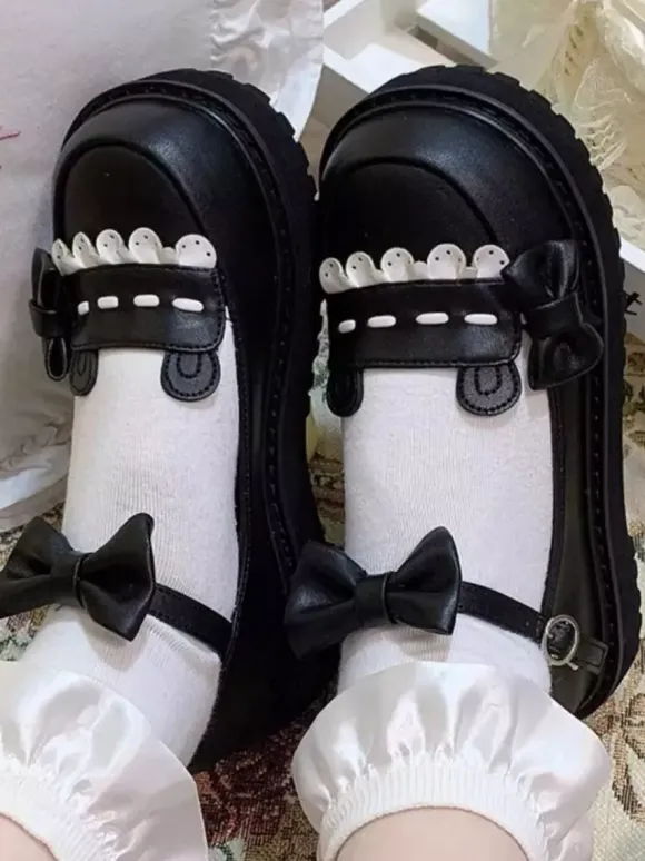 Gothic Lolita Shoes Platform Black Bows PU Leather Flat Lolita Pumps