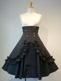 Gothic Lolita SK Frill Button Pleated Lace Up Black Lolita Skirt