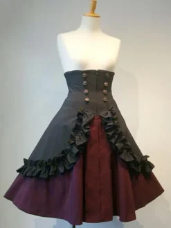 Gothic Lolita SK Frill Button Pleated Lace Up Black Lolita Skirt