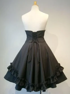 Gothic Lolita SK Frill Button Pleated Lace Up Black Lolita Skirt