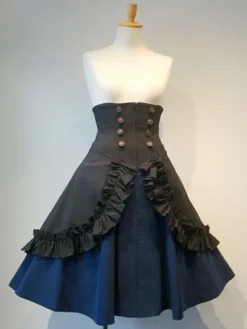Gothic Lolita SK Frill Button Pleated Lace Up Black Lolita Skirt