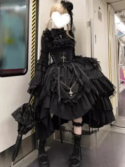 Gothic Lolita Skirt Ruffles Black White Skirt With Cummerbund